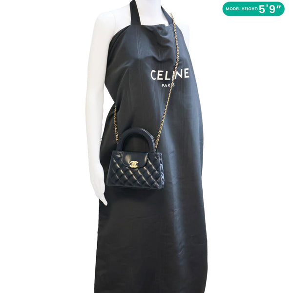 CHANEL Kelly Nano Quilted Aged Calfskin Leather Top Handle Shoulder Bag Black