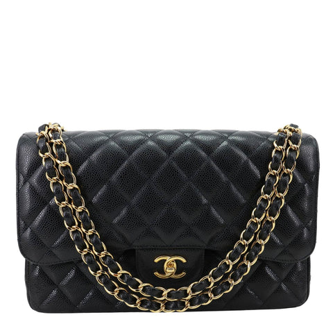 CHANEL Classic Double Flap Jumbo Quilted Caviar Leather Shoulder Bag Black