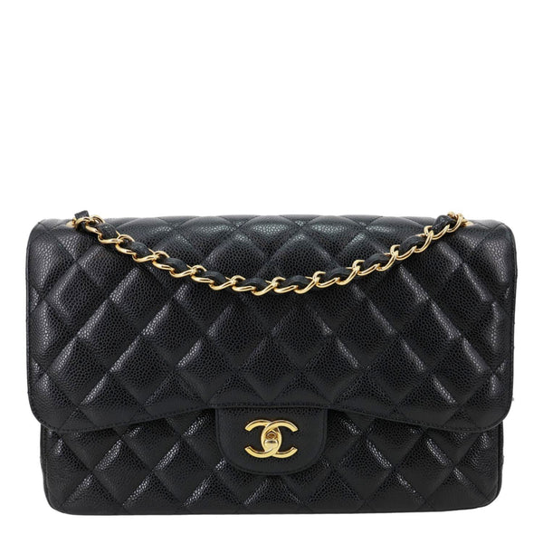 CHANEL Classic Double Flap Jumbo Quilted Caviar Leather Shoulder Bag Black