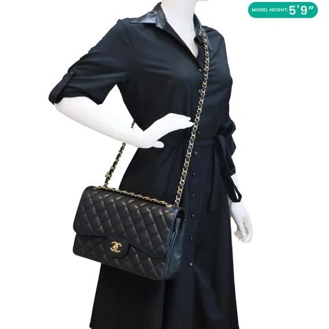 CHANEL Classic Double Flap Jumbo Quilted Caviar Leather Shoulder Bag Black