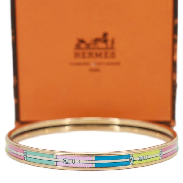 HERMES Enamel Printed Narrow Bangle Bracelet Gold