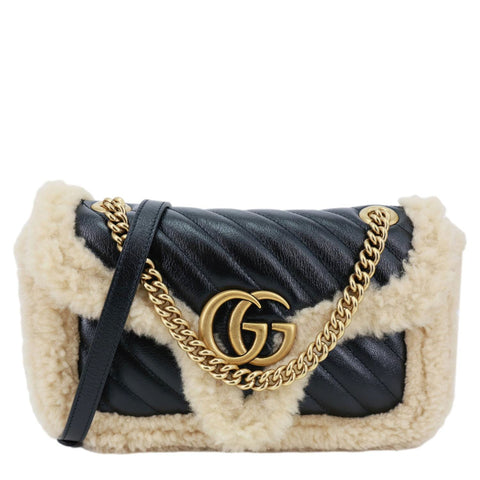 GUCCI GG Marmont Small Diagonal Wool Matelasse Calfskin Leather Shoulder Bag Black 443497