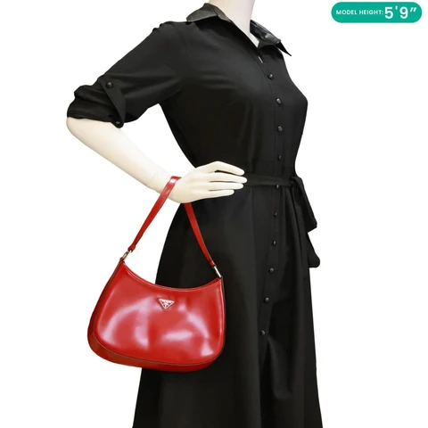 PRADA Cleo Brushed Leather Shoulder Bag Red