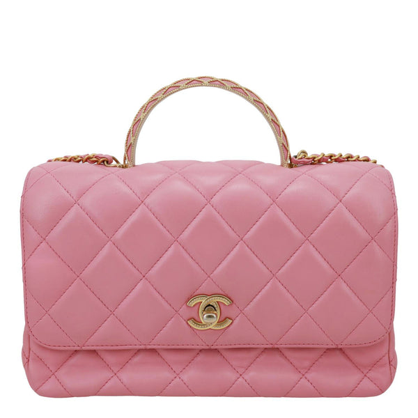 CHANEL Top Handle Quilted Lambskin Leather Wallet On Chain Shoulder Bag Pink