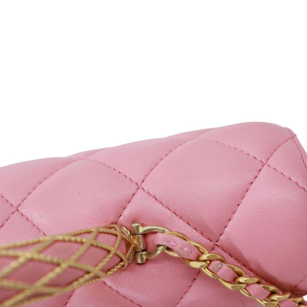 CHANEL Top Handle Quilted Lambskin Leather Wallet On Chain Shoulder Bag Pink