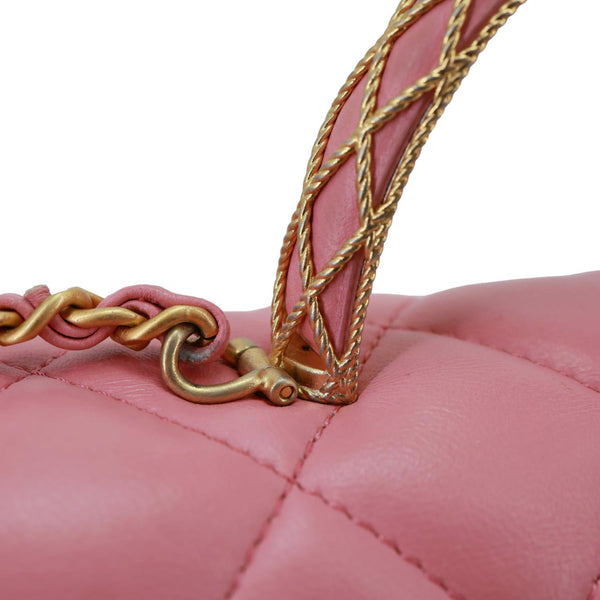 CHANEL Top Handle Quilted Lambskin Leather Wallet On Chain Shoulder Bag Pink
