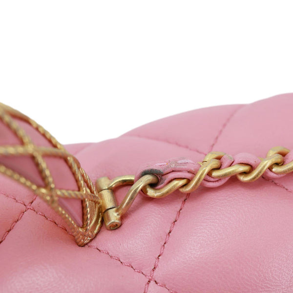 CHANEL Top Handle Quilted Lambskin Leather Wallet On Chain Shoulder Bag Pink