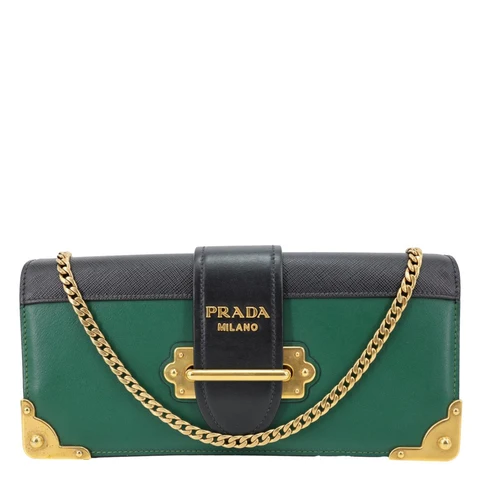 PRADA Cahier Calf Saffiano Leather Chain Clutch Emerald Green