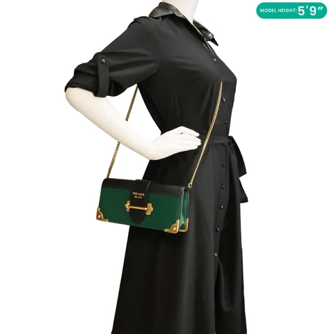 PRADA Cahier Calf Saffiano Leather Chain Clutch Emerald Green