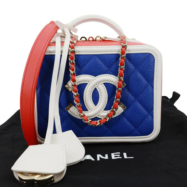 CHANEL Vanity Case Filigree CC Small Caviar Quilted Shoulder Bag Blue