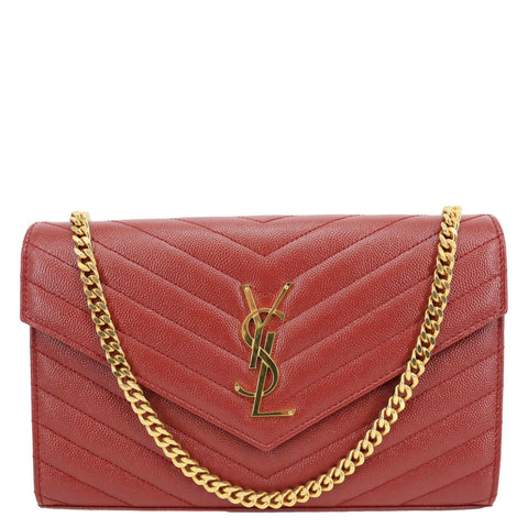 YVES SAINT LAURENT Cassandre Chevron Grain De Poudre Leather Chain Crossbody Bag Red