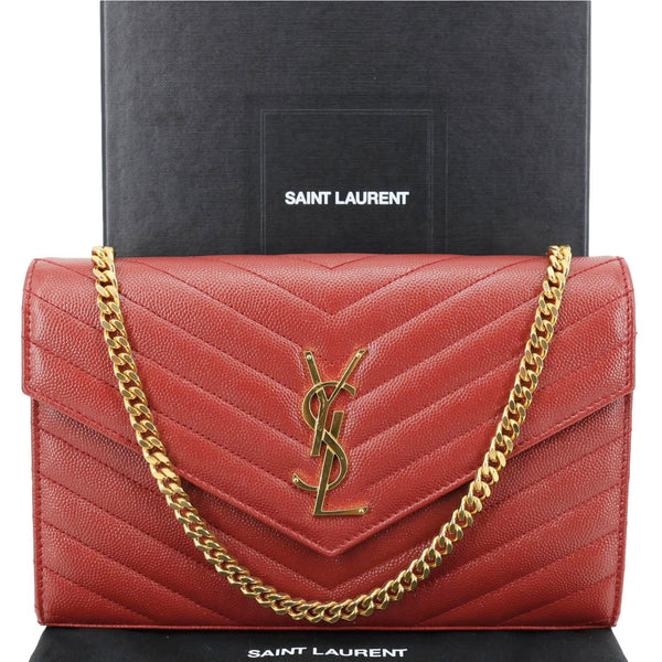 YVES SAINT LAURENT Cassandre Chevron Grain De Poudre Leather Chain Crossbody Bag Red