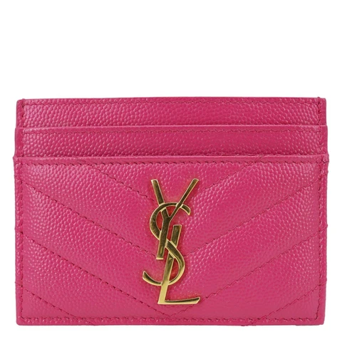 YVES SAINT LAURENT Cassandre Monogram Grain De Poudre Leather Card Holder Pink