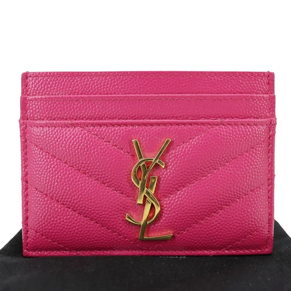YVES SAINT LAURENT Cassandre Monogram Grain De Poudre Leather Card Holder Pink