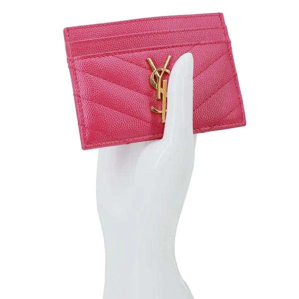 YVES SAINT LAURENT Cassandre Monogram Grain De Poudre Leather Card Holder Pink