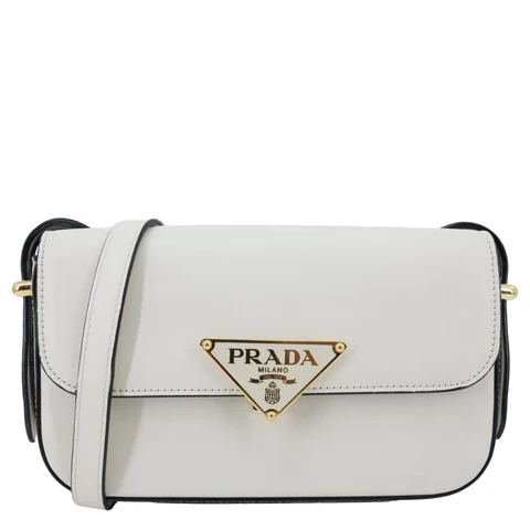 PRADA Metal Triangle Logo Flap Soft Calfskin Leather Shoulder Bag White