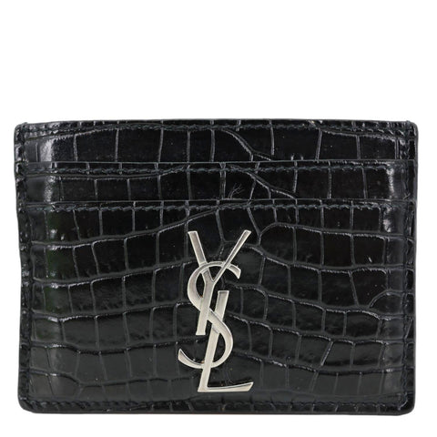 YVES SAINT LAURENT Monogram Calfskin Crocodile Embossed Leather Card Holder Black