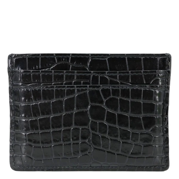 YVES SAINT LAURENT Monogram Calfskin Crocodile Embossed Leather Card Holder Black