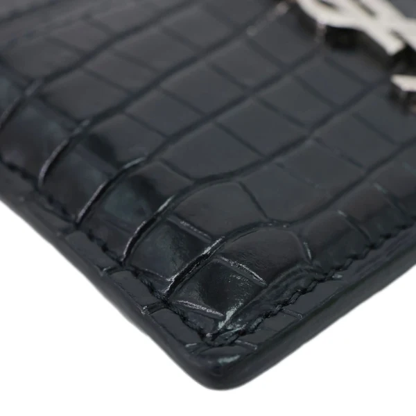 YVES SAINT LAURENT Monogram Calfskin Crocodile Embossed Leather Card Holder Black