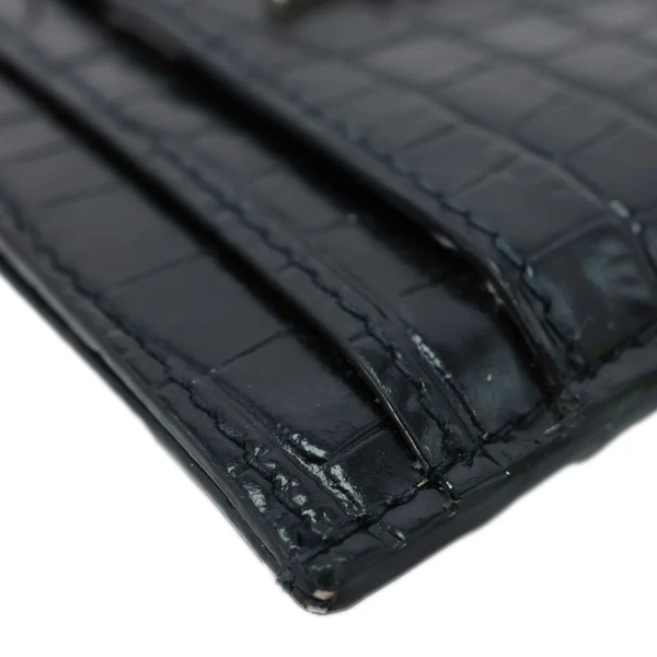 YVES SAINT LAURENT Monogram Calfskin Crocodile Embossed Leather Card Holder Black