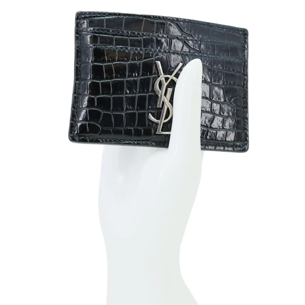 YVES SAINT LAURENT Monogram Calfskin Crocodile Embossed Leather Card Holder Black