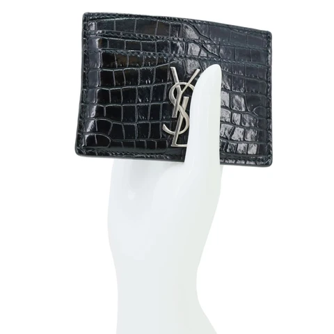 YVES SAINT LAURENT Monogram Calfskin Crocodile Embossed Leather Card Holder Black