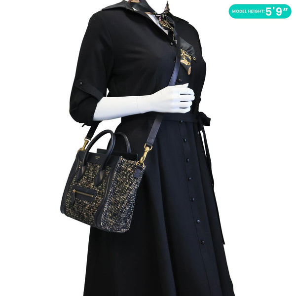 CELINE Nano Luggage Tweed Leather Tote Crossbody Bag Black