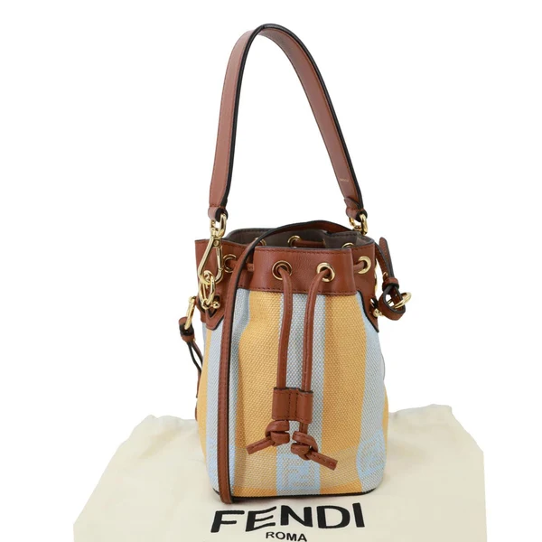 FENDI Mon Tresor Mini Raffia Canvas Bucket Bag Brown