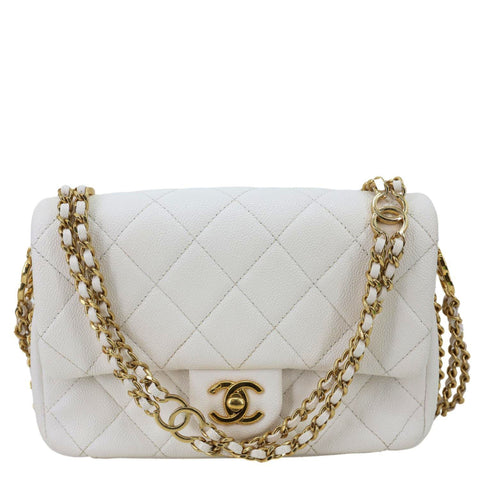 CHANEL CC Double Chain Flap Quilted Caviar Leather Shoulder Bag White
