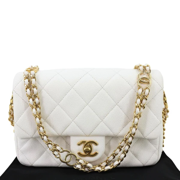 CHANEL CC Double Chain Flap Quilted Caviar Leather Shoulder Bag White