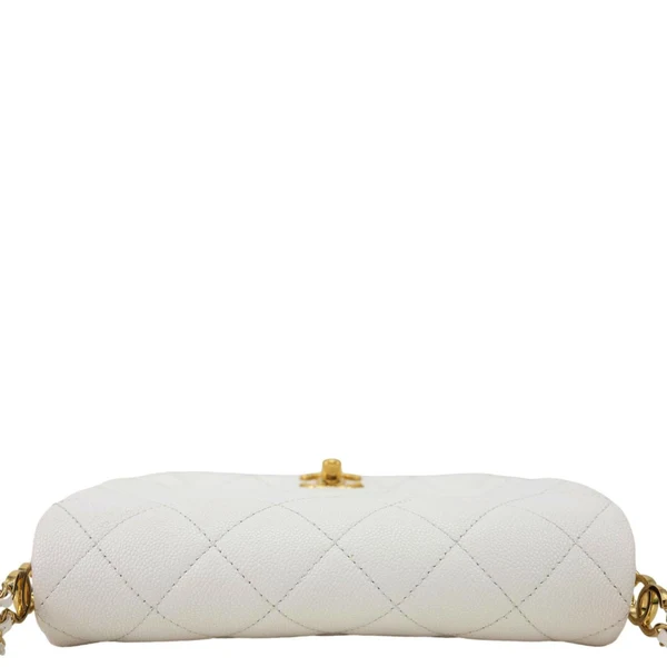 CHANEL CC Double Chain Flap Quilted Caviar Leather Shoulder Bag White