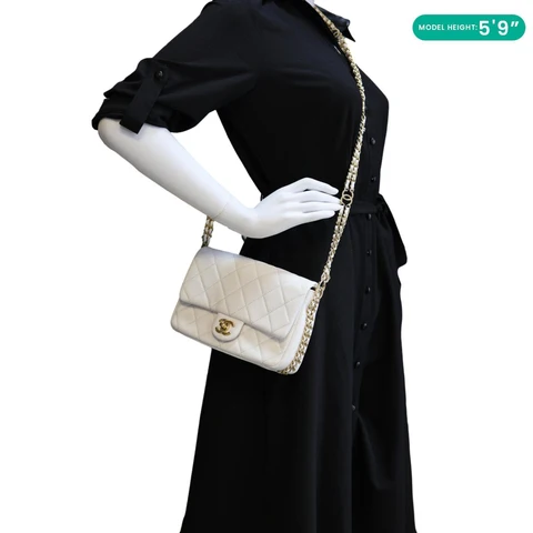 CHANEL CC Double Chain Flap Quilted Caviar Leather Shoulder Bag White