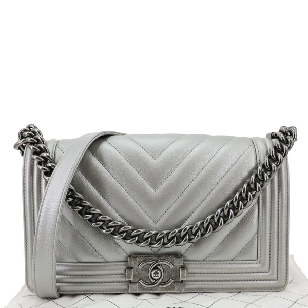 Chanel Boy Flap Medium Chevron Quilted Metallic Caviar Leather Crossbody Bag Silver