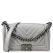 Chanel Boy Flap Medium Chevron Quilted Metallic Caviar Leather Crossbody Bag Silver