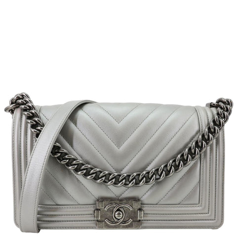 Chanel Boy Flap Medium Chevron Quilted Metallic Caviar Leather Crossbody Bag Silver