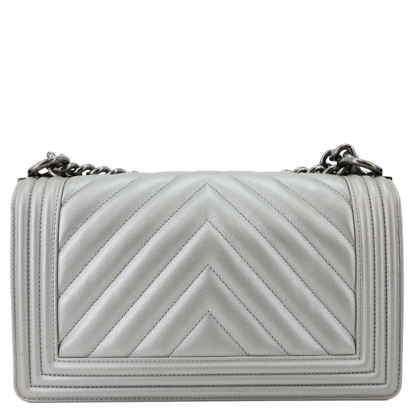 Chanel Boy Flap Medium Chevron Quilted Metallic Caviar Leather Crossbody Bag Silver