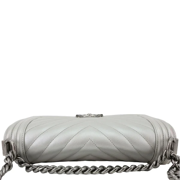 Chanel Boy Flap Medium Chevron Quilted Metallic Caviar Leather Crossbody Bag Silver