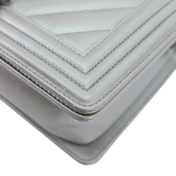Chanel Boy Flap Medium Chevron Quilted Metallic Caviar Leather Crossbody Bag Silver