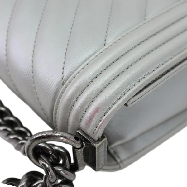 Chanel Boy Flap Medium Chevron Quilted Metallic Caviar Leather Crossbody Bag Silver