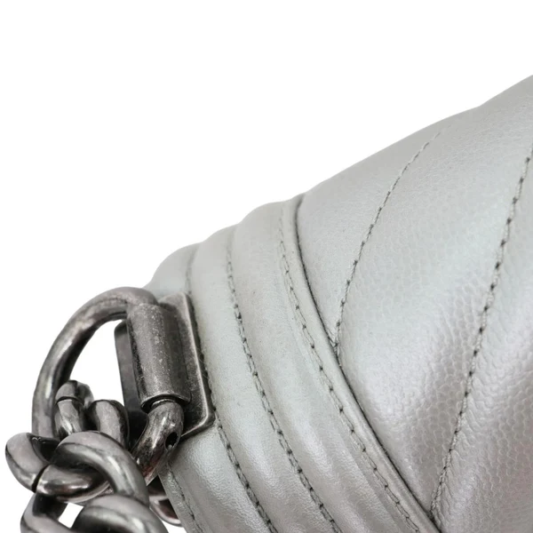 Chanel Boy Flap Medium Chevron Quilted Metallic Caviar Leather Crossbody Bag Silver