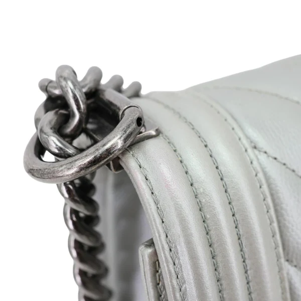 Chanel Boy Flap Medium Chevron Quilted Metallic Caviar Leather Crossbody Bag Silver
