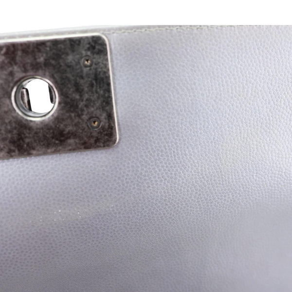 Chanel Boy Flap Medium Chevron Quilted Metallic Caviar Leather Crossbody Bag Silver