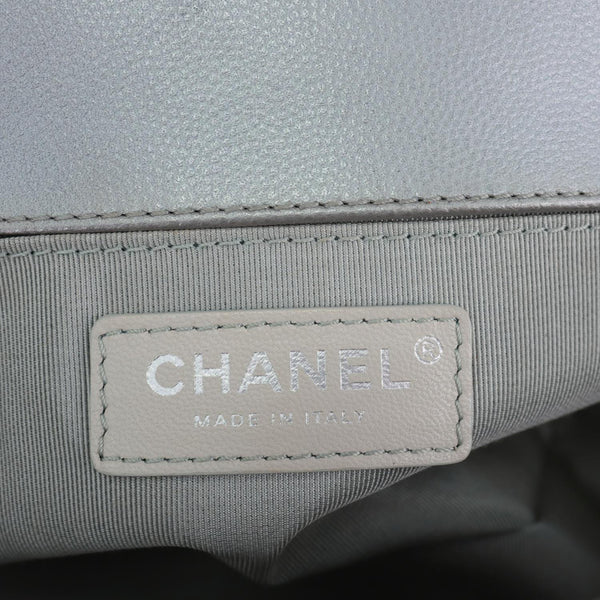 Chanel Boy Flap Medium Chevron Quilted Metallic Caviar Leather Crossbody Bag Silver