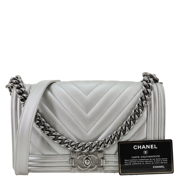 Chanel Boy Flap Medium Chevron Quilted Metallic Caviar Leather Crossbody Bag Silver