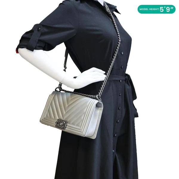 Chanel Boy Flap Medium Chevron Quilted Metallic Caviar Leather Crossbody Bag Silver