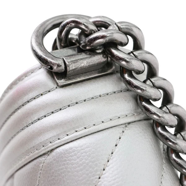 Chanel Boy Flap Medium Chevron Quilted Metallic Caviar Leather Crossbody Bag Silver
