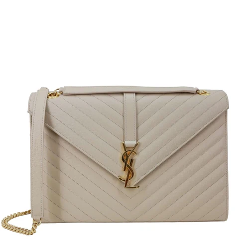 YVES SAINT LAURENT Envelope Large Chevron Grain De Poudre Chain Crossbody Bag Cream