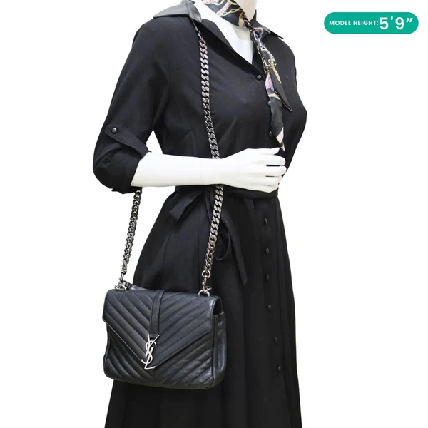 YVES SAINT LAURENT College Flap Medium Classic Chevron Leather Shoulder Bag Black
