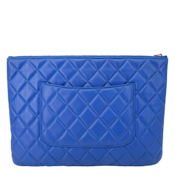 CHANEL O Case Large Quilted Lambskin Leather Clutch Blue