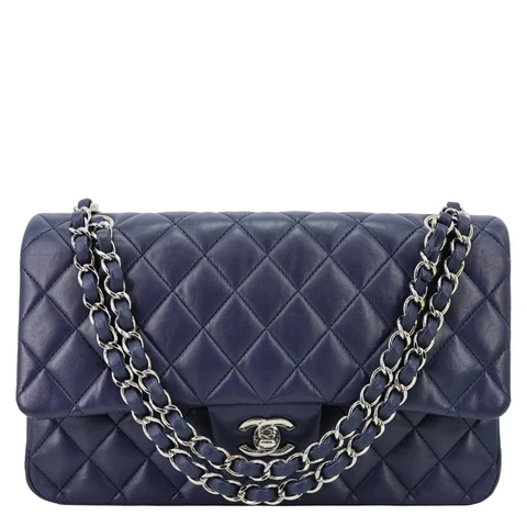 CHANEL Jumbo Classic Double Flap Quilted Lambskin Leather Shoulder Bag Navy Blue